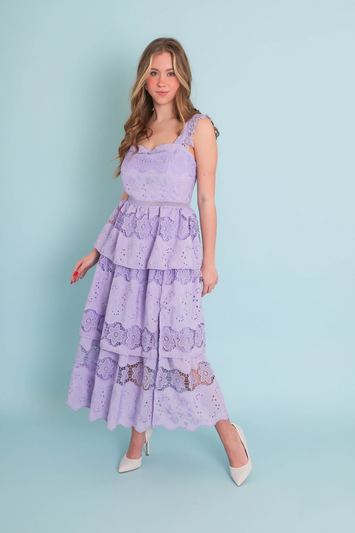 Lavender Floral Embroidered Midi Dress- Women's Purple Lace Dress- Just Me Dresses