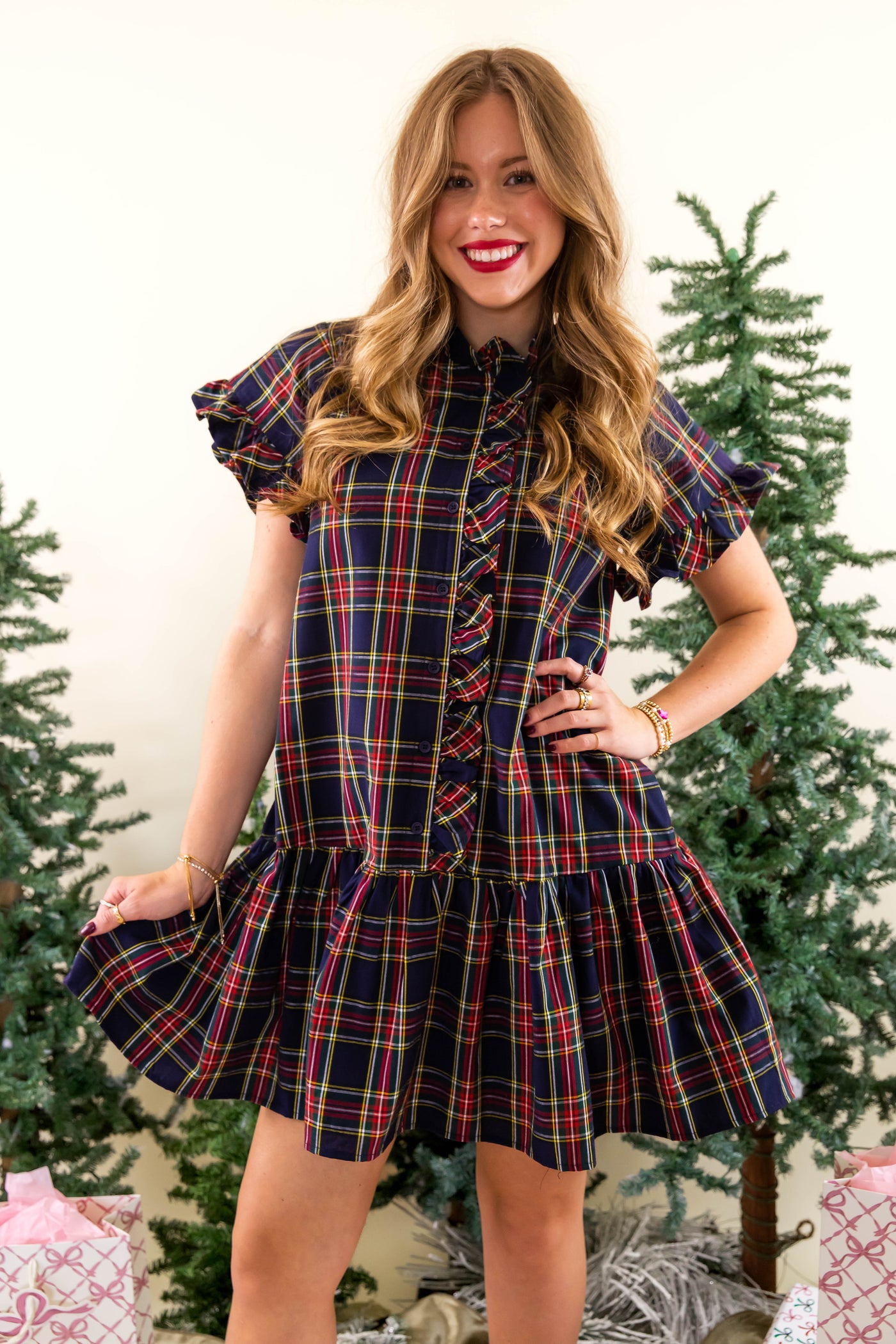 Navy Tartan Dress- Classic Tartan Ruffled Dress- Entro Plaid Dress