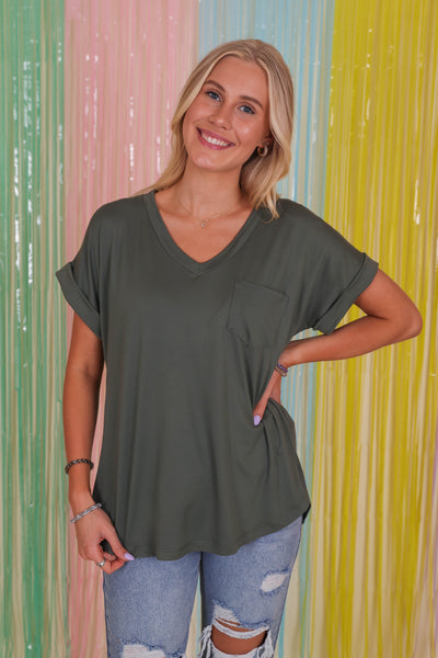 Women's Basic Olive Tee- Olive V-Neck Shirt- Women's Green Pocket Tee