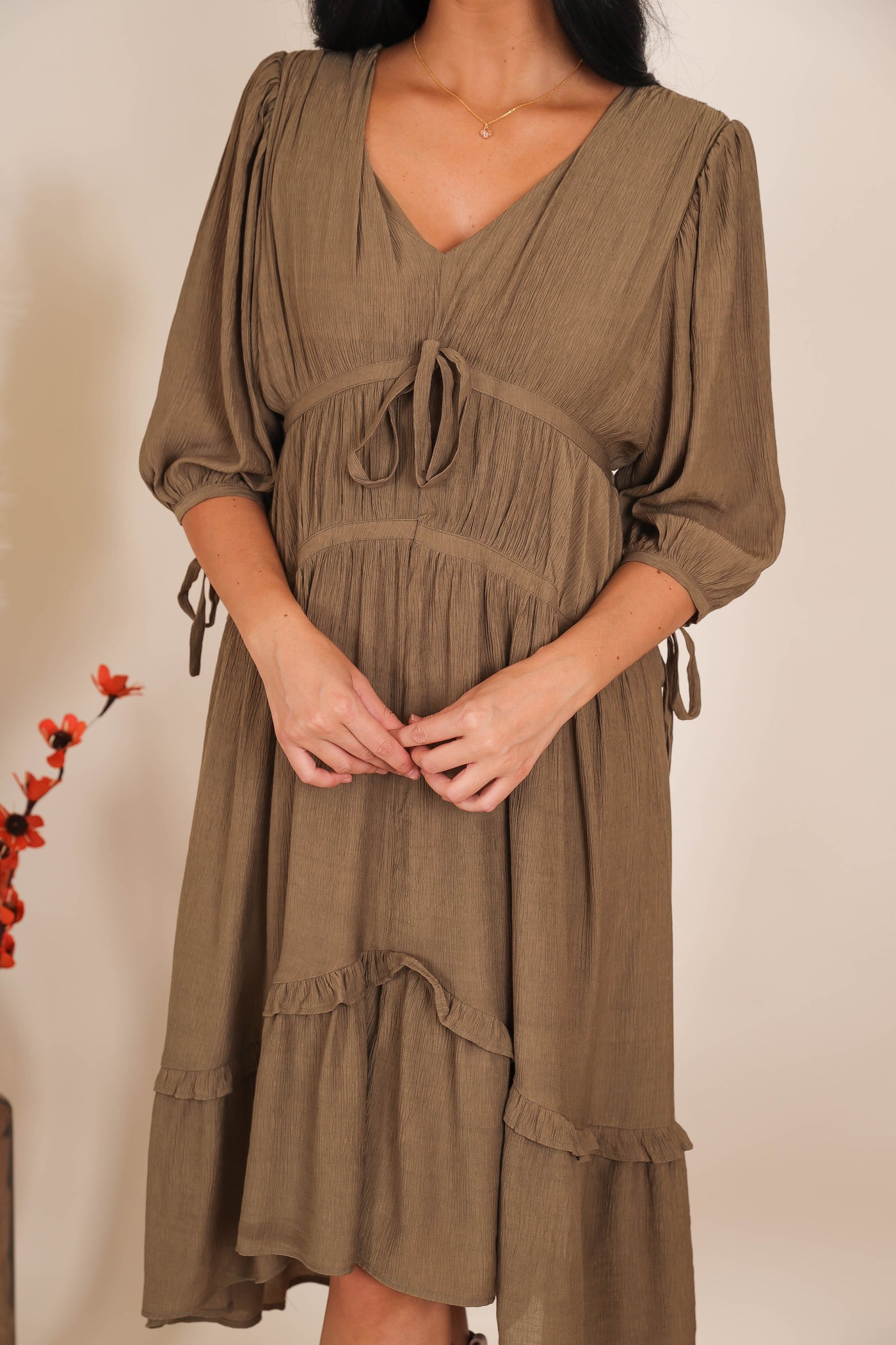 Olive Green Midi Dress- Feminine Midi Dresses- Cottage-Core Style Dresses- &Merci Midi Dress