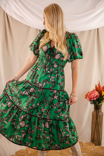 Green Floral Maxi Dress- Women's Fall Floral Dresses- Entro Green Maxi Dress