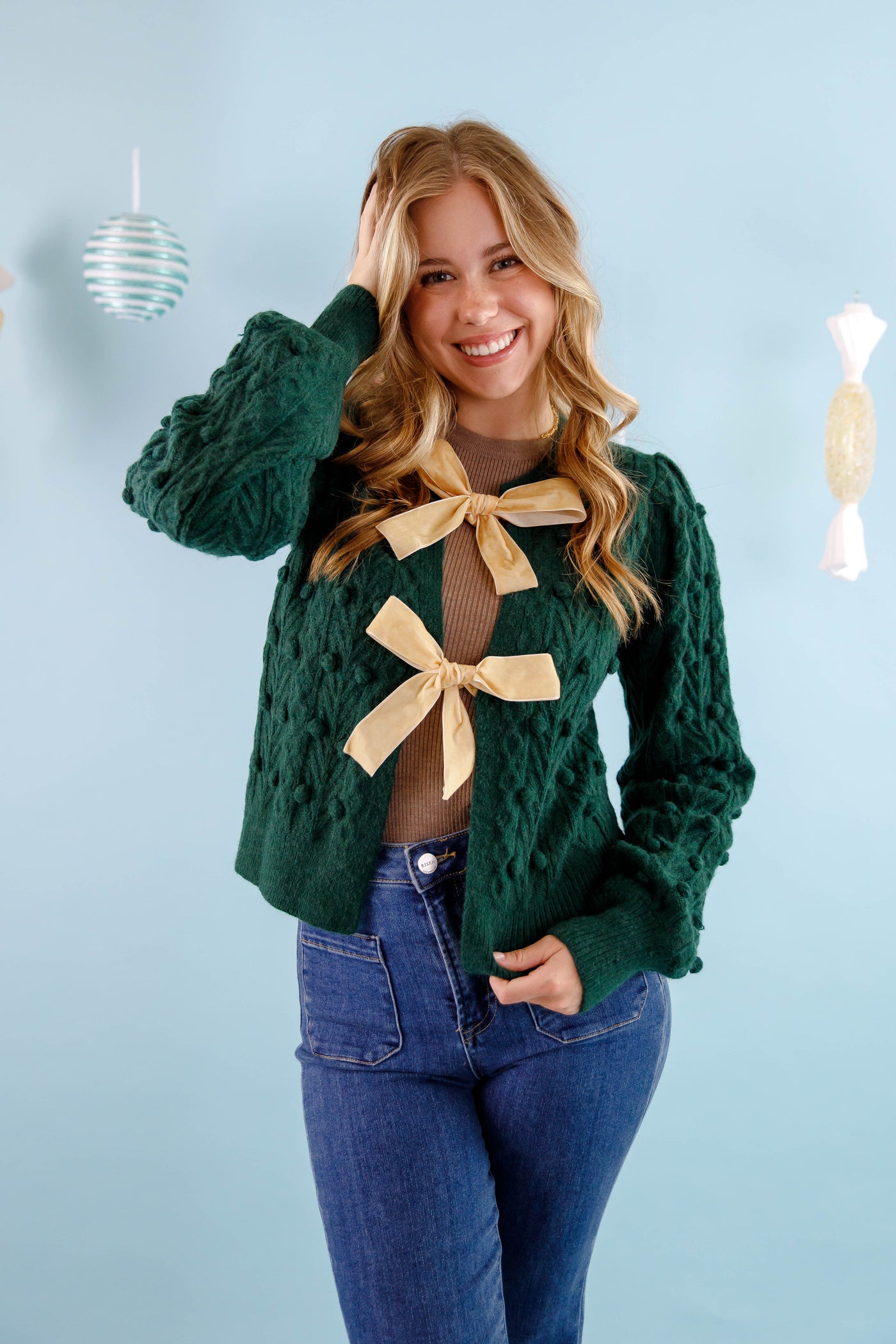 Green Bow Front Cardigan- Women's Pom Pom Cardigan- Velvet Bow Holiday Cardigan