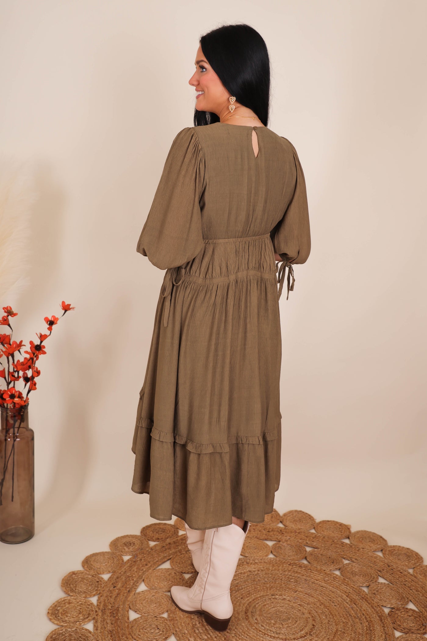 Olive Green Midi Dress- Feminine Midi Dresses- Cottage-Core Style Dresses- &Merci Midi Dress