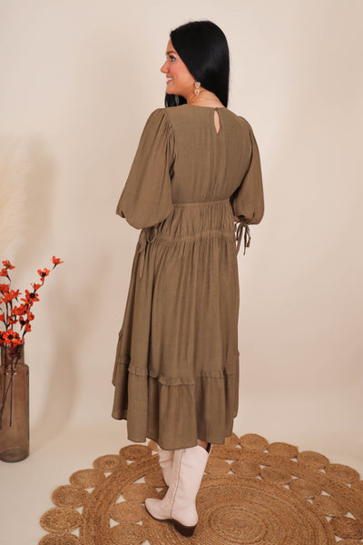 Olive Green Midi Dress- Feminine Midi Dresses- Cottage-Core Style Dresses- &Merci Midi Dress