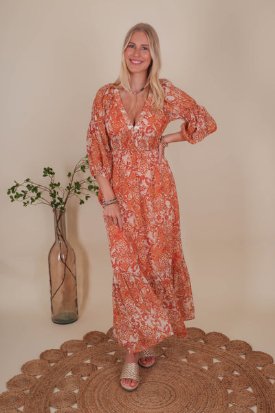 Women's Boho Style Maxi Dress- Women's Orange Paisley Maxi- In The Beginning Maxi Dress
