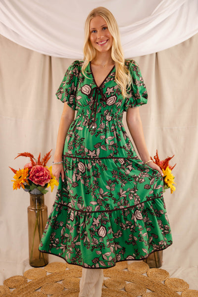 Green Floral Maxi Dress- Women's Fall Floral Dresses- Entro Green Maxi Dress