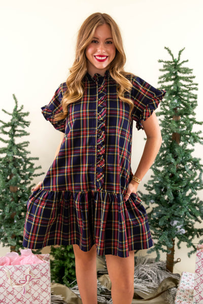 Navy Tartan Dress- Classic Tartan Ruffled Dress- Entro Plaid Dress