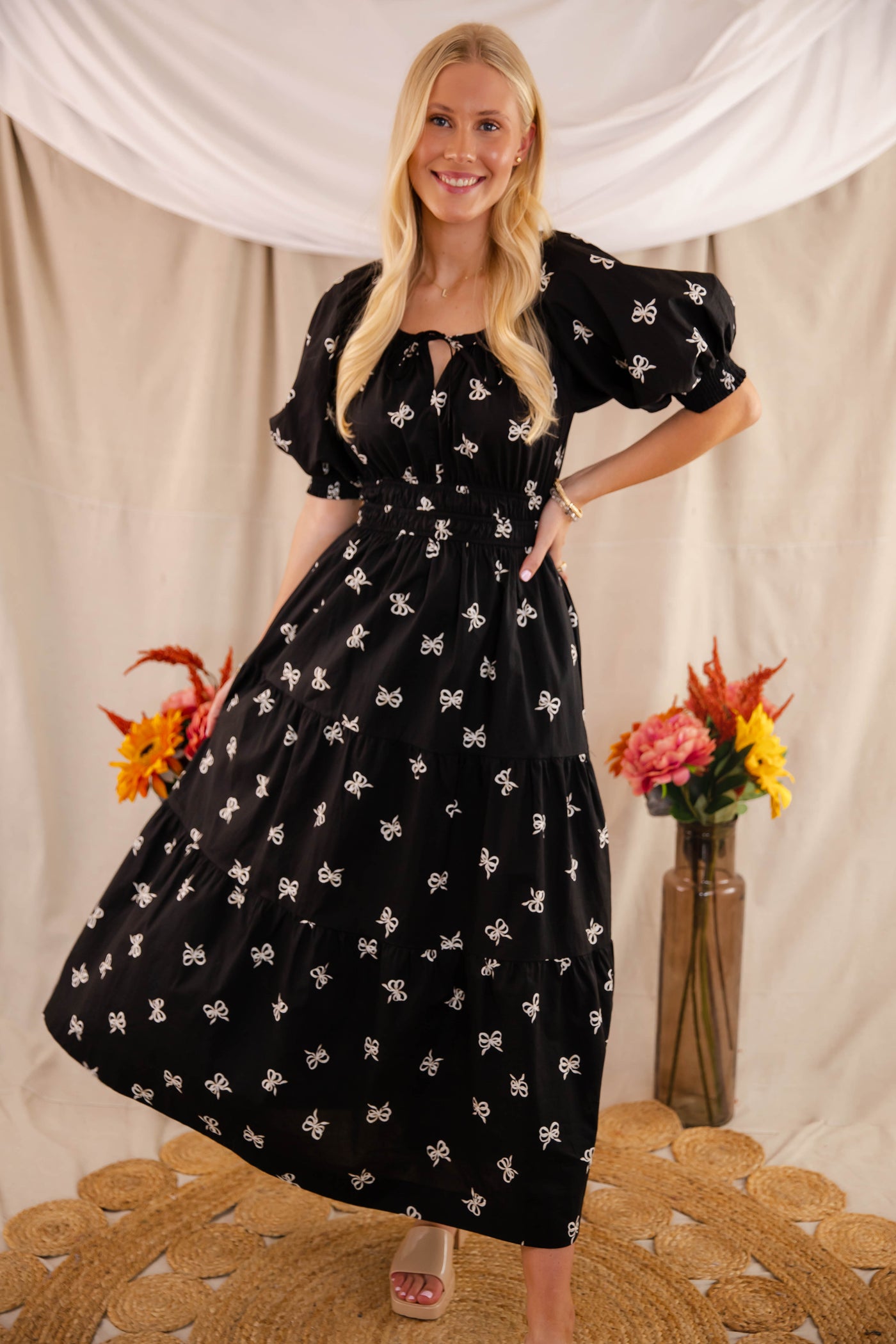 Bow Print Maxi Dress- Women's Black Bow Dress- Entro Ribbon Maxi Dress