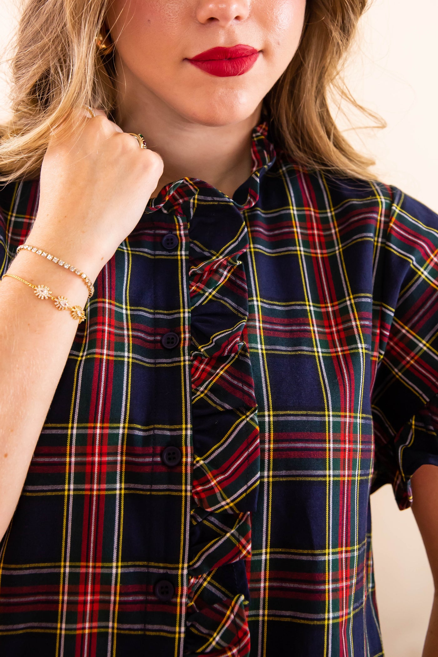 Navy Tartan Dress- Classic Tartan Ruffled Dress- Entro Plaid Dress