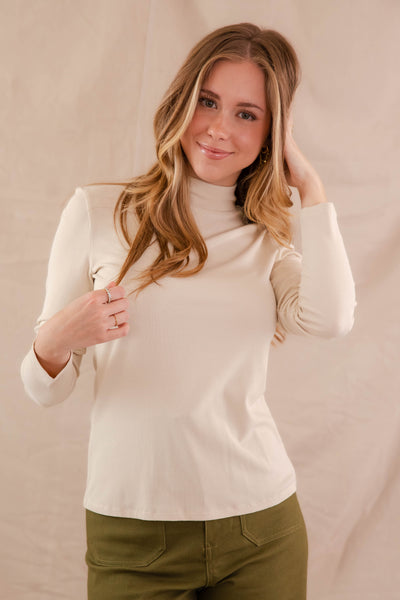 Women's Oatmeal Ribbed Top- Women's Layering Tops- Mittoshop Mock Neck Top