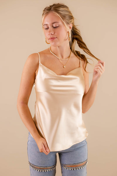 Silky Cowl Neck Tank- Women's Champagne Satin Top- GLAM Tops