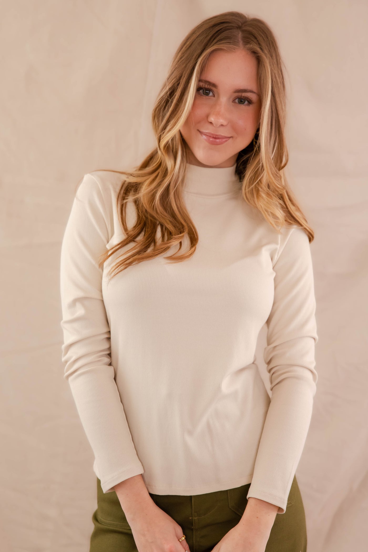 Women's Oatmeal Ribbed Top- Women's Layering Tops- Mittoshop Mock Neck Top