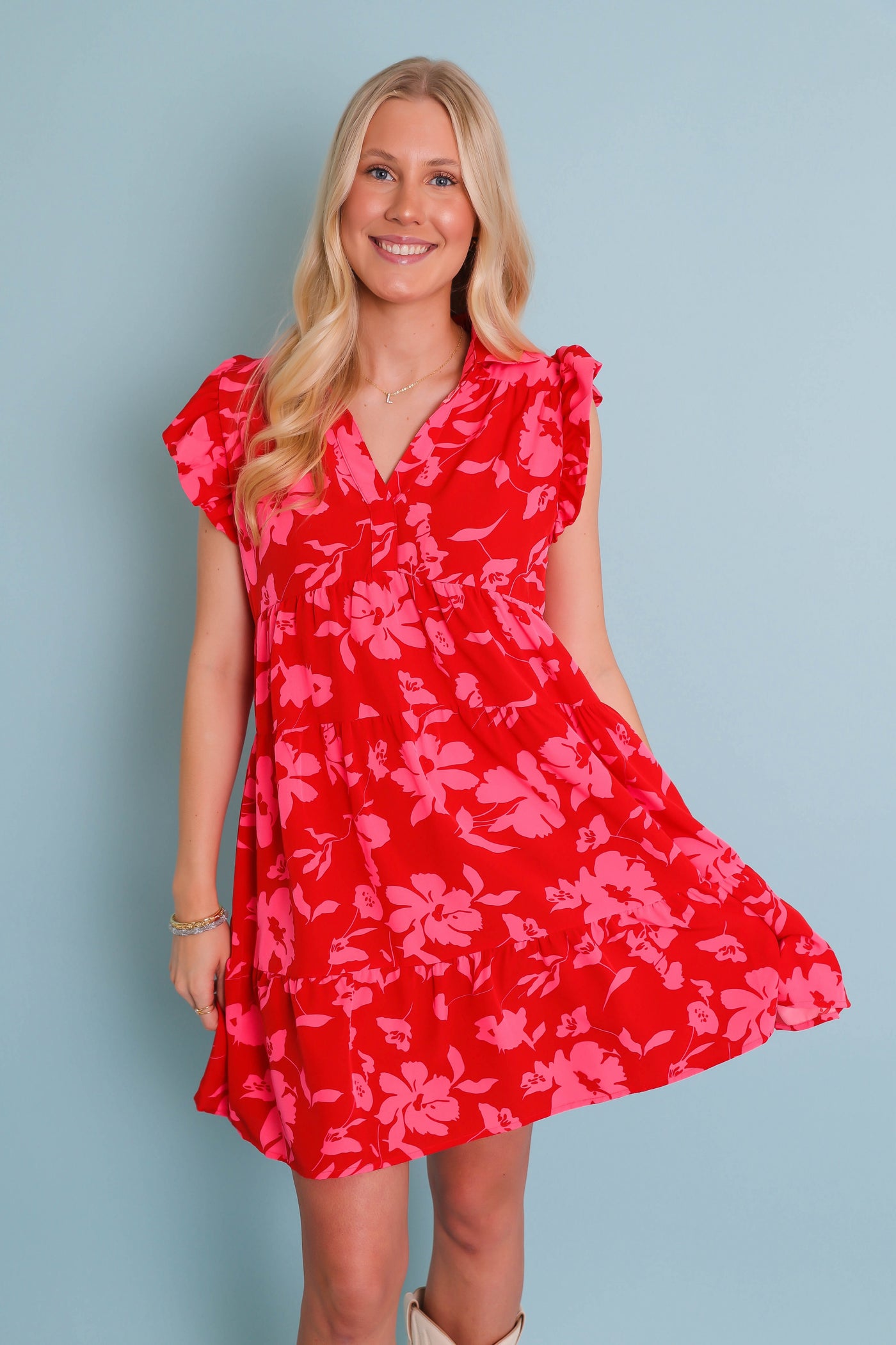 Red and Pink Floral Dress- Women's Vacation Dresses- Umgee Red Dress