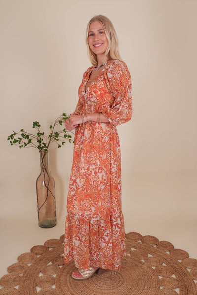 Women's Boho Style Maxi Dress- Women's Orange Paisley Maxi- In The Beginning Maxi Dress