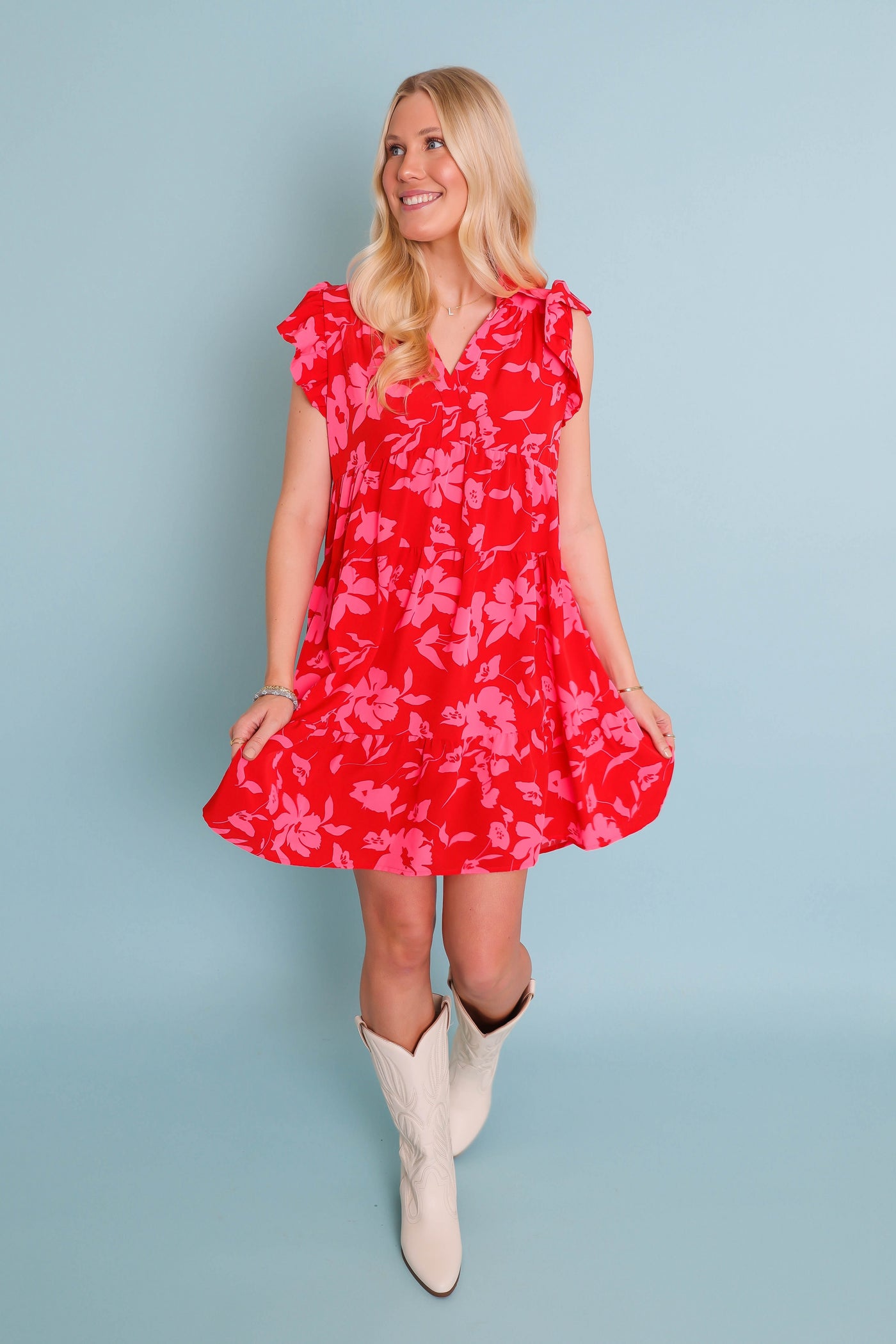 Red and Pink Floral Dress- Women's Vacation Dresses- Umgee Red Dress