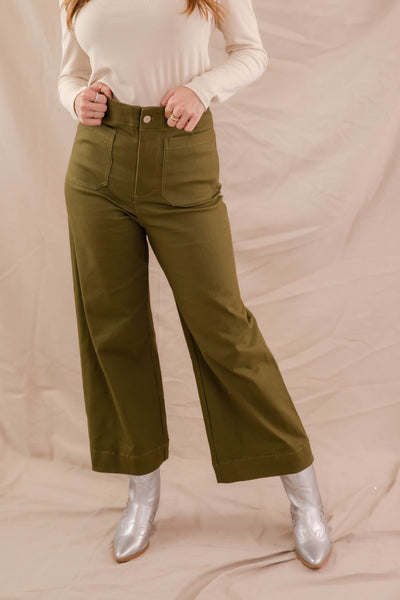 Wide Leg Olive Denim- Women's Front Pocket Jeans- Trendy Style Jeans