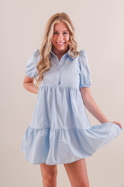 Women's Poplin Shirt Dress- Baby Blue Cotton Dress- TCEC Dresses