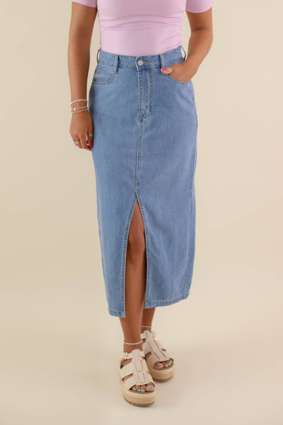 Women's Denim Midi Skirt- Denim Skirt With Slit