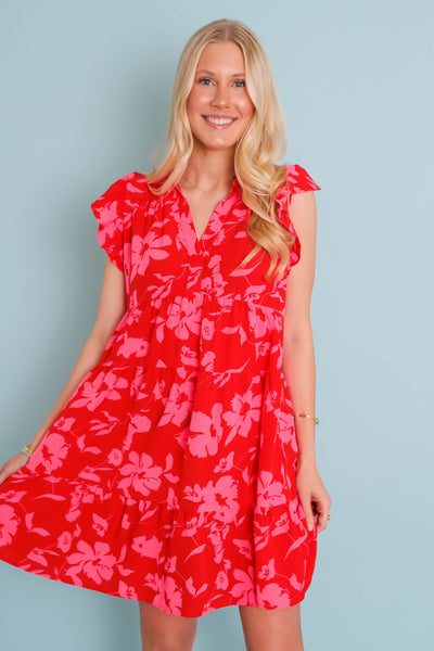 Red and Pink Floral Dress- Women's Vacation Dresses- Umgee Red Dress