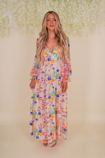 Rainbow Sequin Maxi Dress- Sequin Bell Sleeve Maxi- Long Sleeve Sequin Maxi