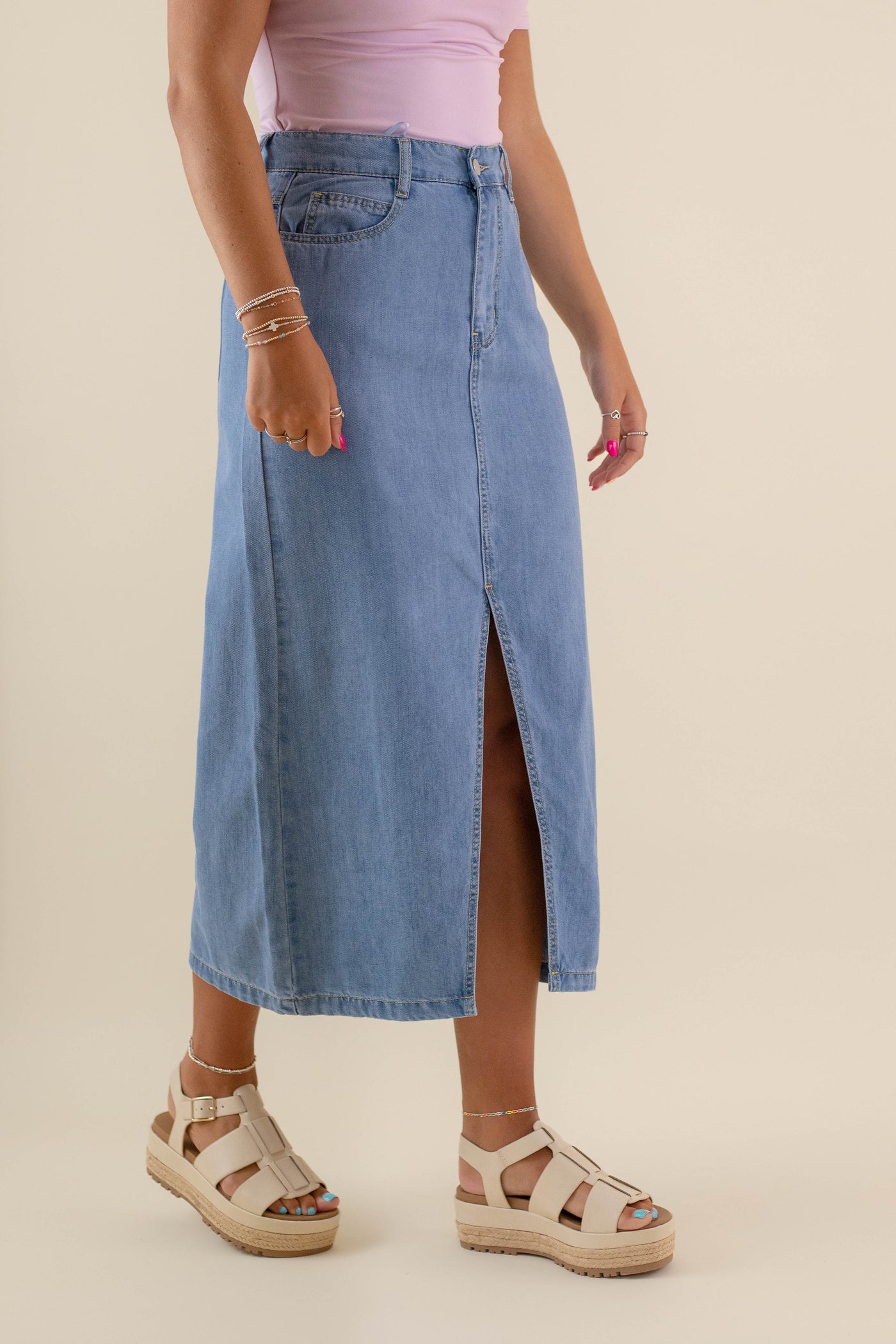 Women's Denim Midi Skirt- Denim Skirt With Slit