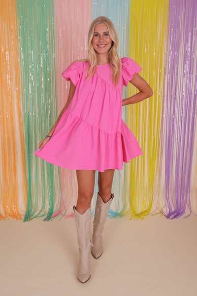 Asymmetrical BabyDoll Dress- Fun Pink Dress- &Merci Dresses