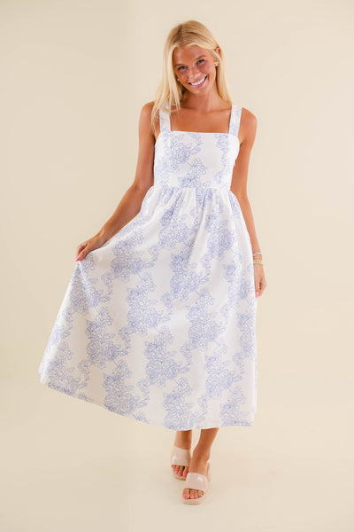 Blue and White Floral Print Dress- White Midi Dress- Coastal Grandmother Style Dresses