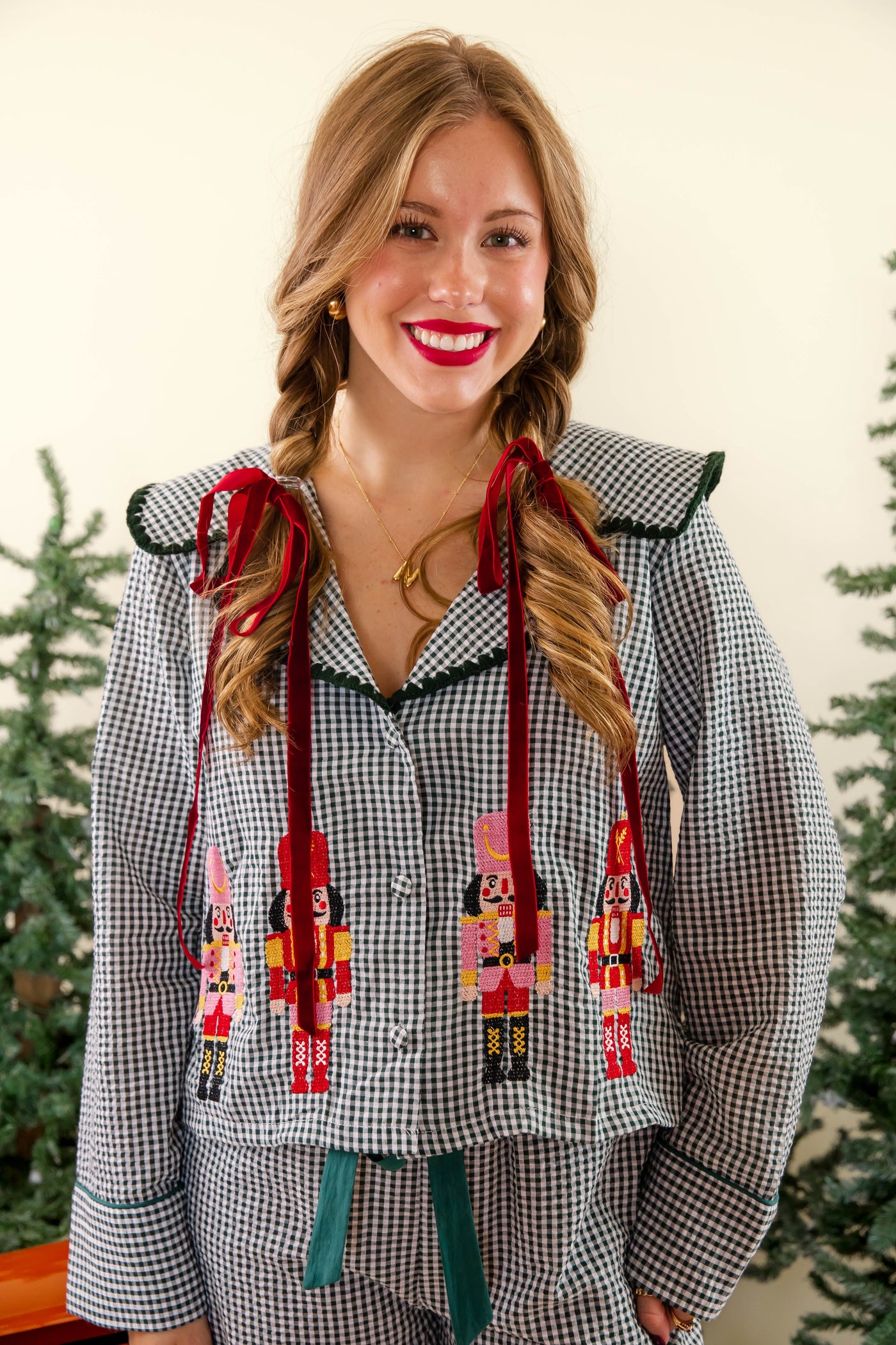 Luxurious Nutcracker Christmas Pajama Top- Elegant Gingham Christmas Pajamas- Peach Love Cream Christmas Pajama Set