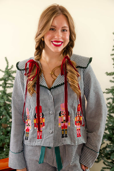 Luxurious Nutcracker Christmas Pajama Top- Elegant Gingham Christmas Pajamas- Peach Love Cream Christmas Pajama Set