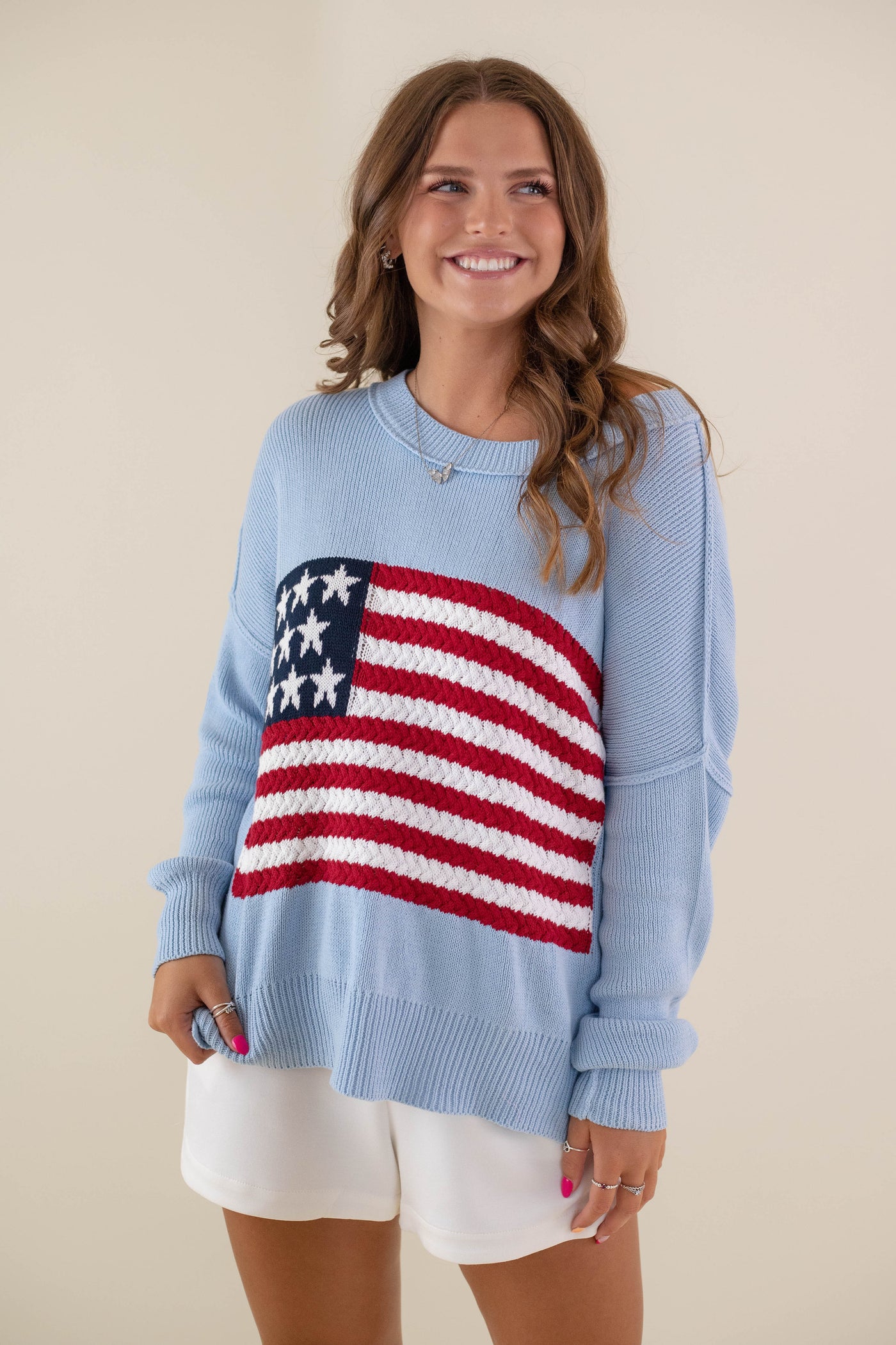 Women's American Flag Sweater- Baby Blue Flag Sweater- Americana Lightweight Sweater