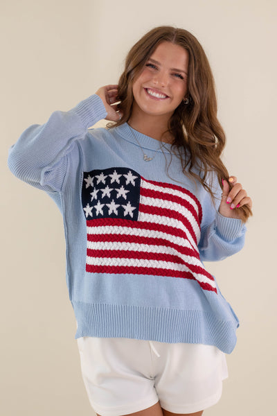 Women's American Flag Sweater- Baby Blue Flag Sweater- Americana Lightweight Sweater