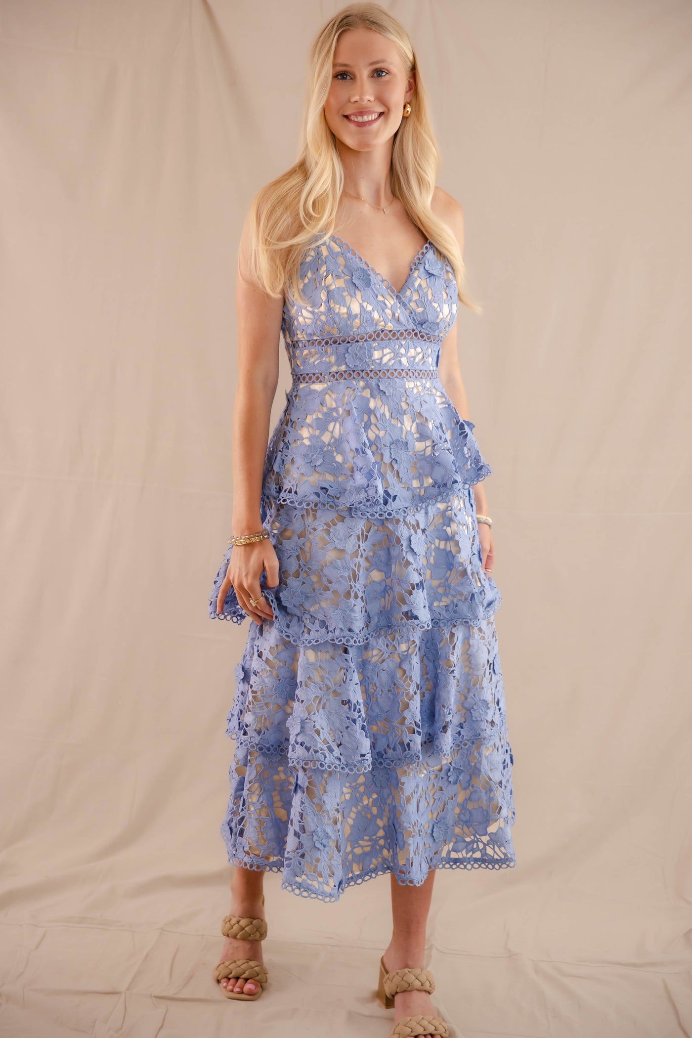 Women's Blue Floral Midi Dress- Floral Tiered Cocktail Dress- JustMe Midi Dresses