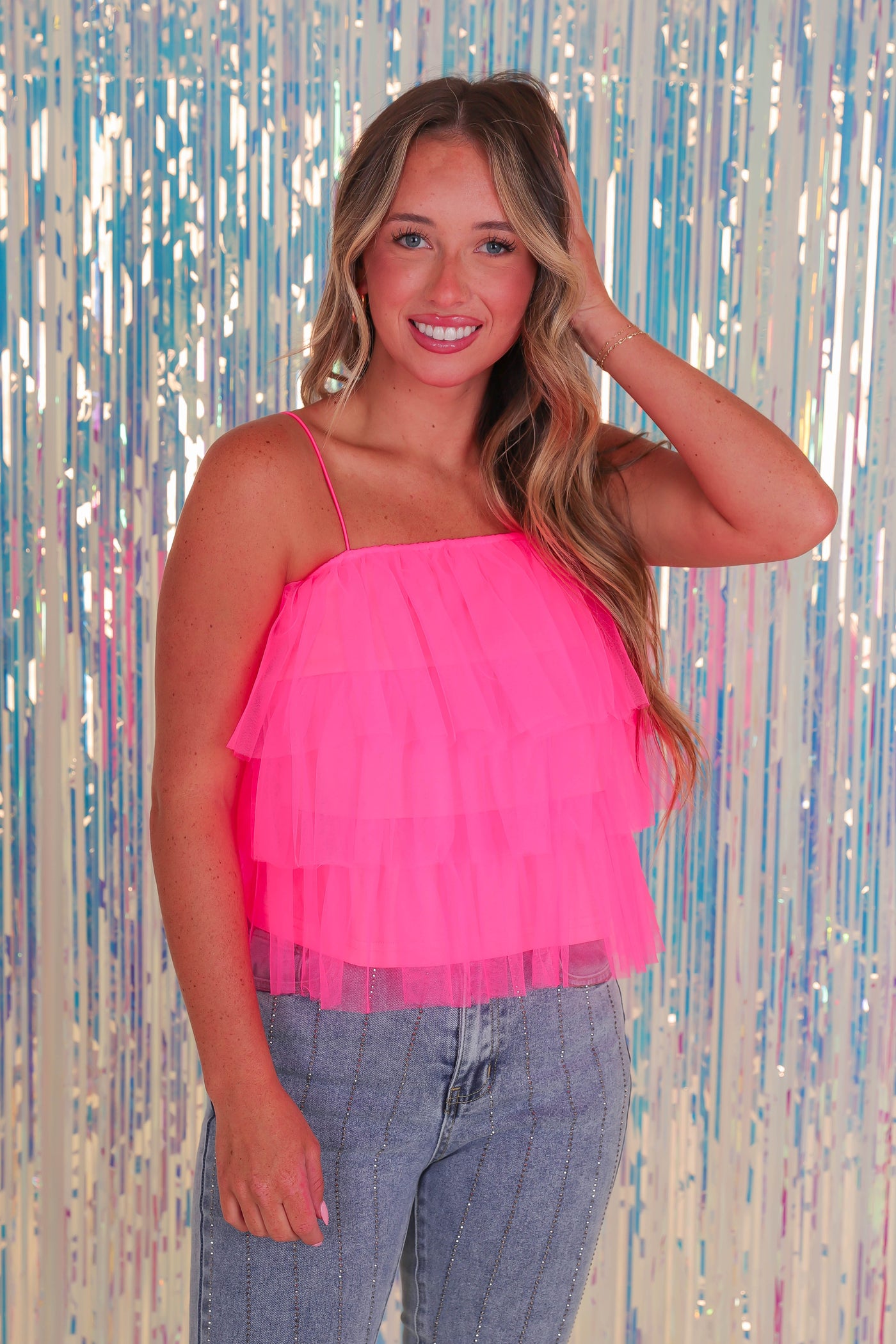 Neon Pink Tulle Top- Women's Fun Tulle Top- GLAM Pink Top