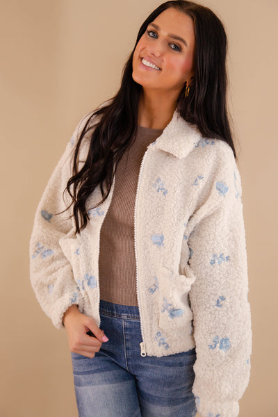 Blue Floral Embroidery Sherpa Pullover- Women's Flower Winter Zip Up Jacket