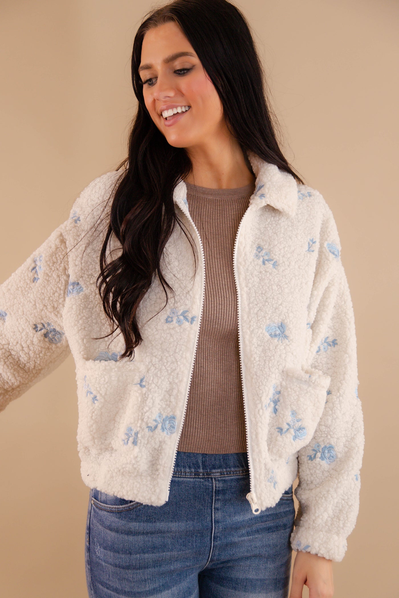 Blue Floral Embroidery Sherpa Pullover- Women's Flower Winter Zip Up Jacket