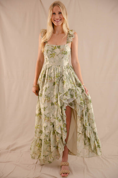 Green Rose Print Dress- High-Low Maxi Dress- Storia Floral Print Dress