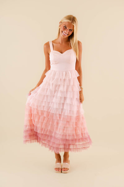 Gorgeous Tiered Pink Tulle Midi Dress- Pink Ombre Tulle Dress- Women's Tulle Party Dress