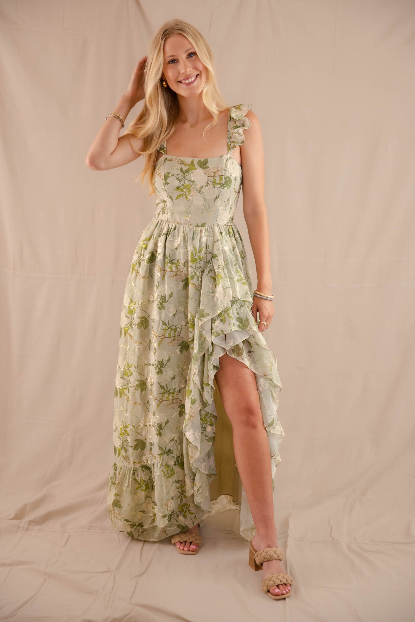 Green Rose Print Dress- High-Low Maxi Dress- Storia Floral Print Dress