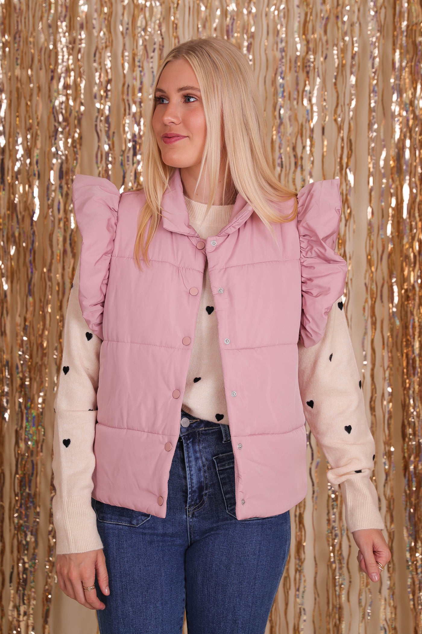 Women's Preppy Puffer Vest- Puffer Vest With Ruffles- Entro Puffer Vest