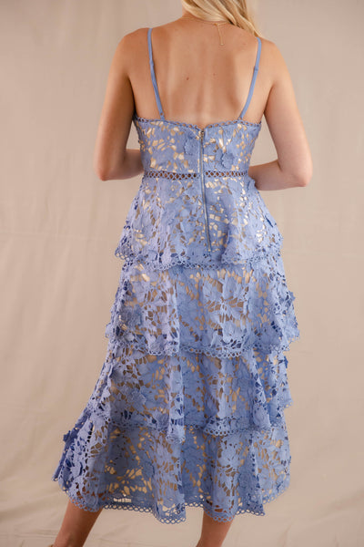 Women's Blue Floral Midi Dress- Floral Tiered Cocktail Dress- JustMe Midi Dresses