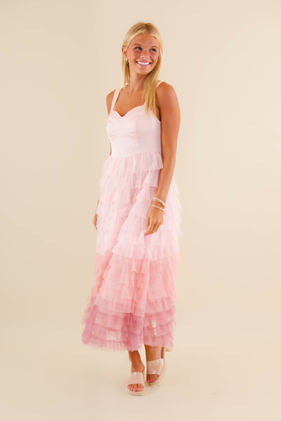 Gorgeous Tiered Pink Tulle Midi Dress- Pink Ombre Tulle Dress- Women's Tulle Party Dress