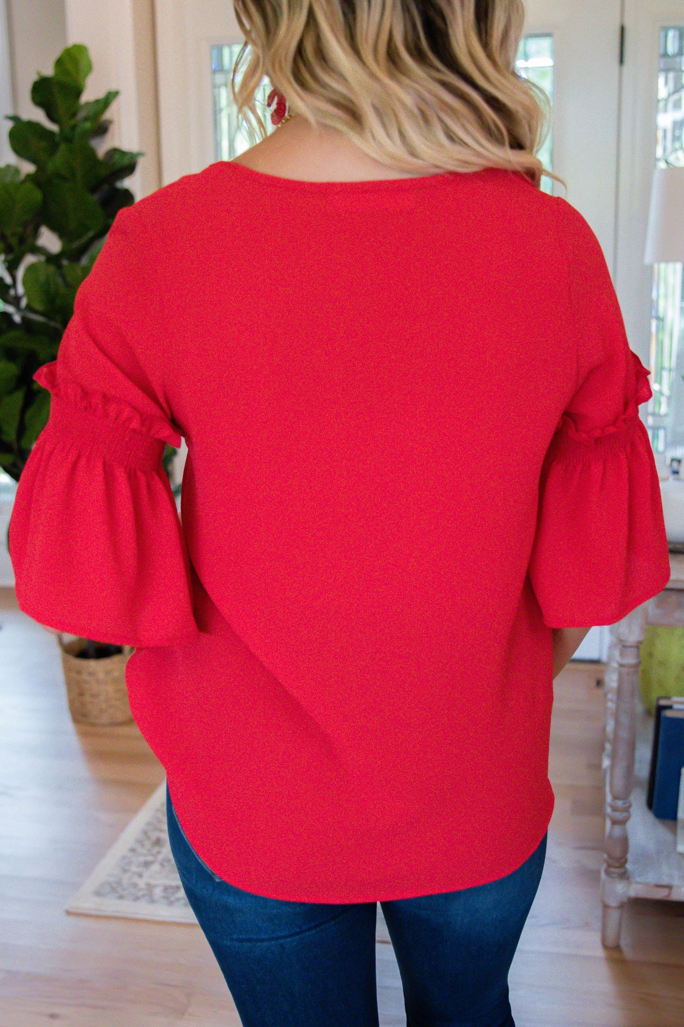 Red V-Neck Blouse- Women's Workwear Top- Simple Red Blouse- Women's Top With Sleeves