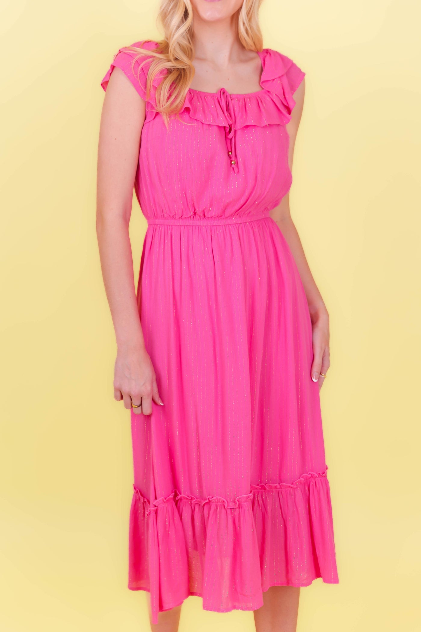 Hot Pink Midi Dress- Gold And Pink Midi Dress- Women's Summer Midi Dresses