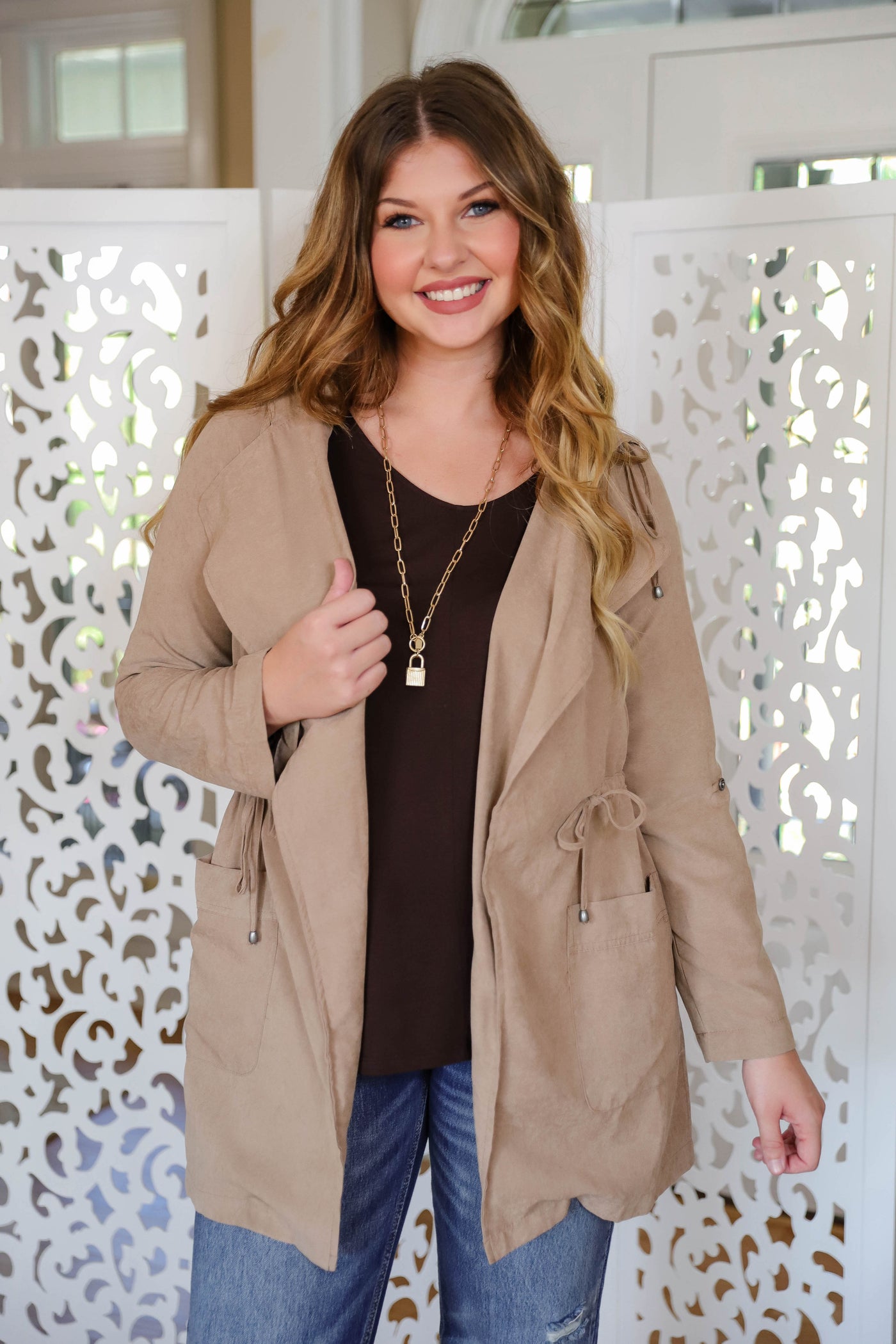 Women's Utility Style Jacket- Drawstring Jacket- Women's Fall Tops