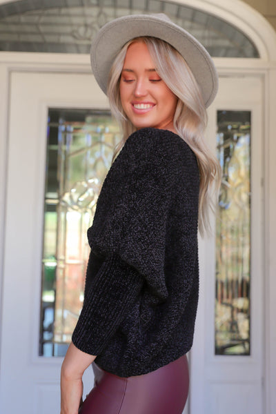 Women's Black Chenille Sweater- Black Dolman Style Sweater- Chic Black Sweater