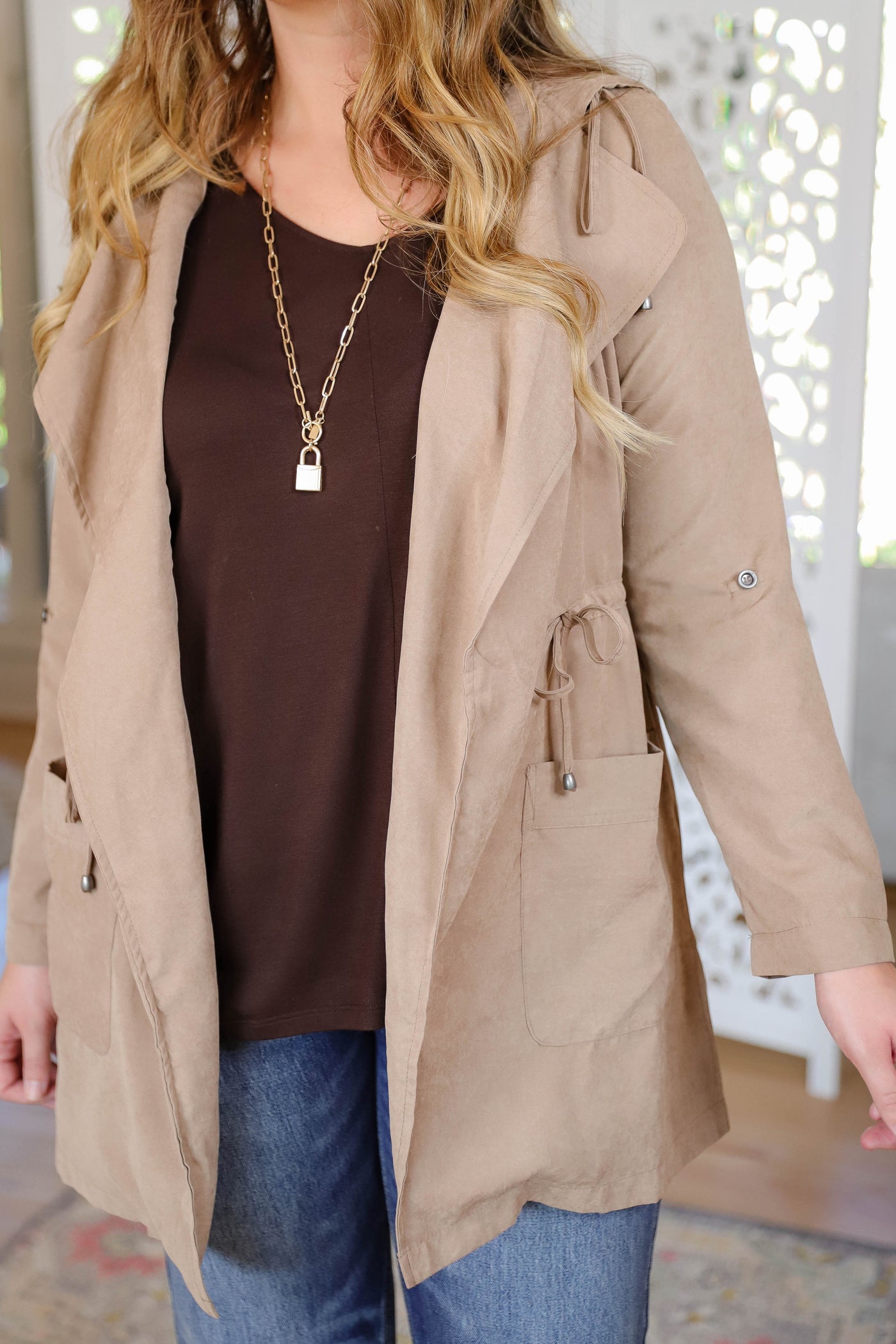 Women's Utility Style Jacket- Drawstring Jacket- Women's Fall Tops
