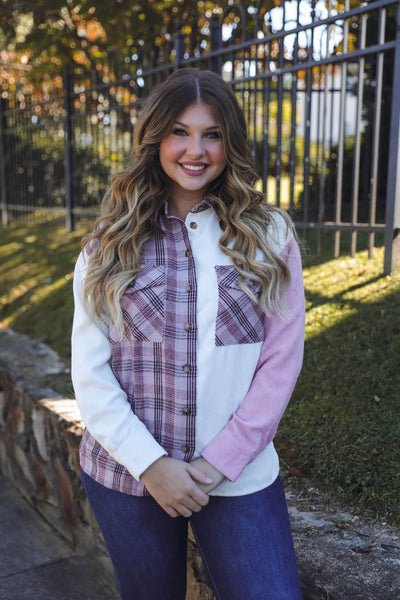 Women's Corduroy Button Down- Pink Plaid Shacket- Women's Pink and White Plaid Top