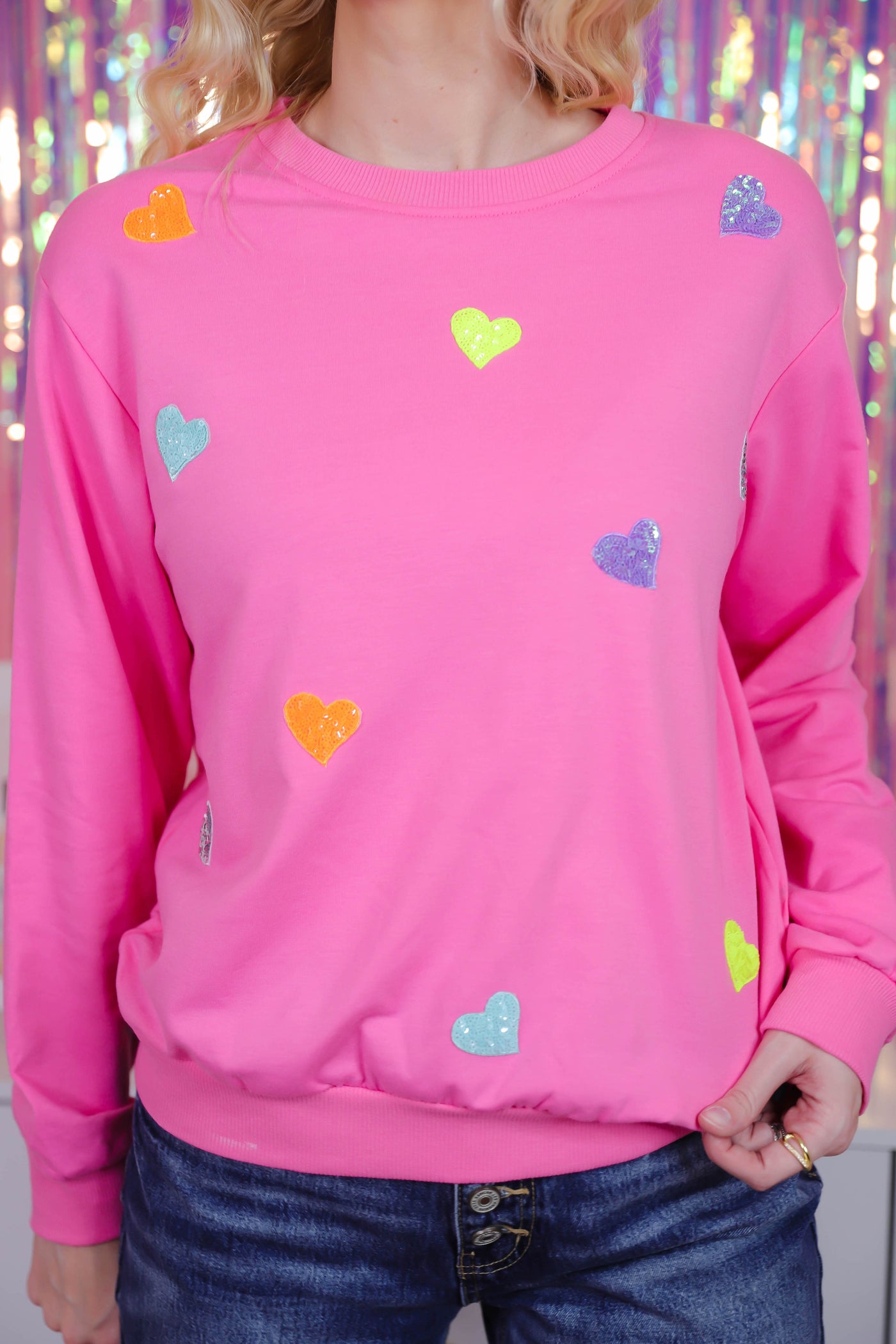 Women's Pink Pullover with Sequin Hearts- Pullover with Neon Sequin Hearts