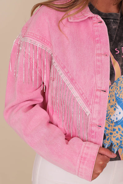 Pink Denim Rhinestone Jacket- Pink Rhinestone Fringe Jacket- Bling Pink Jacket
