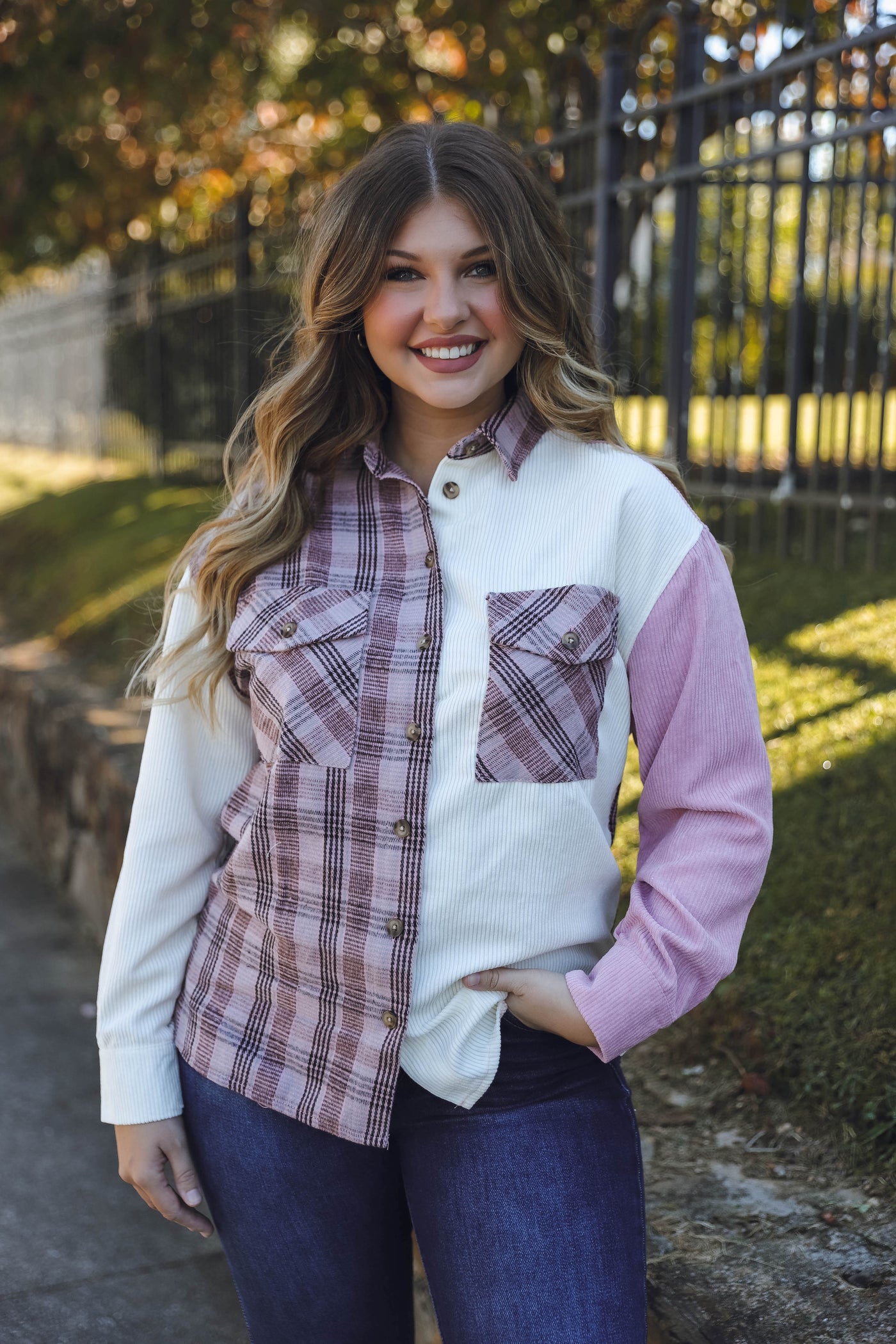 Women's Corduroy Button Down- Pink Plaid Shacket- Women's Pink and White Plaid Top